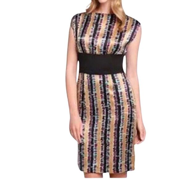 Trina Turk Silk Sleeveless Sheath Dress Workwear Cocktail Gold Black Purple - Picture 8 of 10